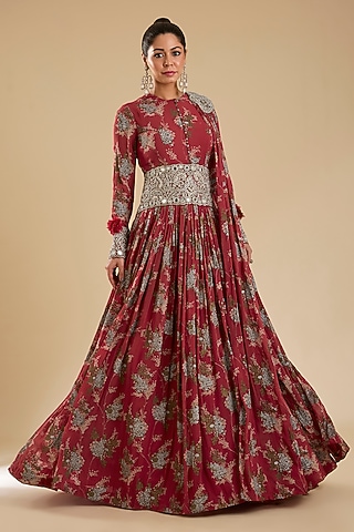 Fuchsia Georgette Printed Anarkali With Belt by Bhumika Sharma