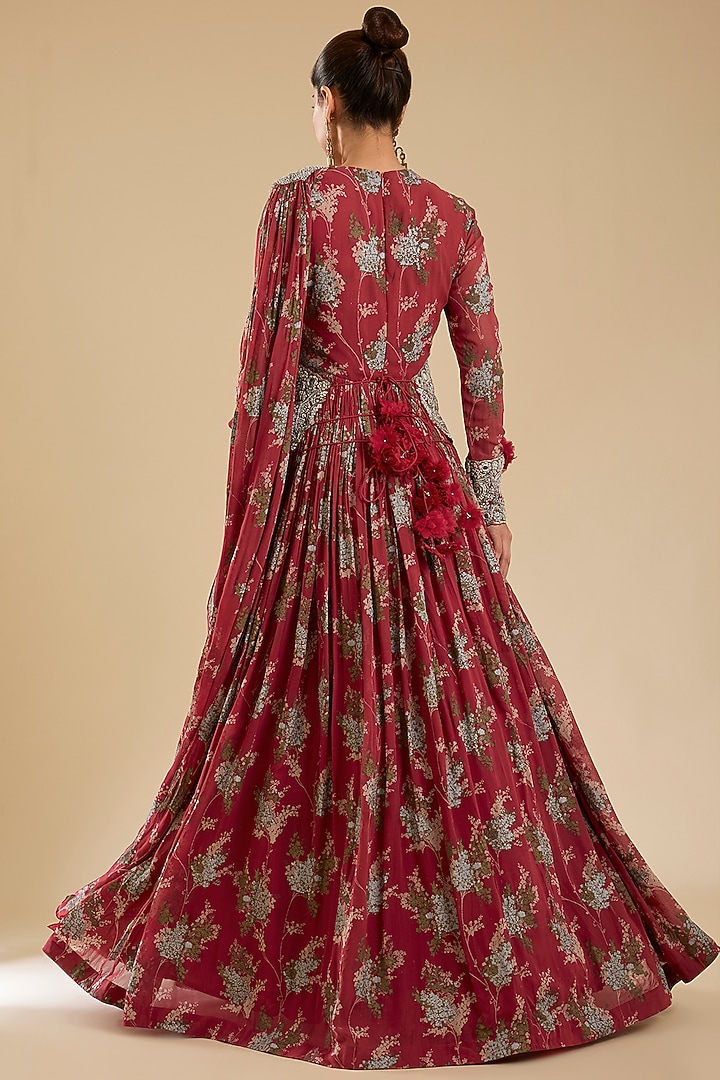 Fuchsia Georgette Printed Bridal Anarkali With Belt by Bhumika Sharma at Pernia's Pop Up Shop