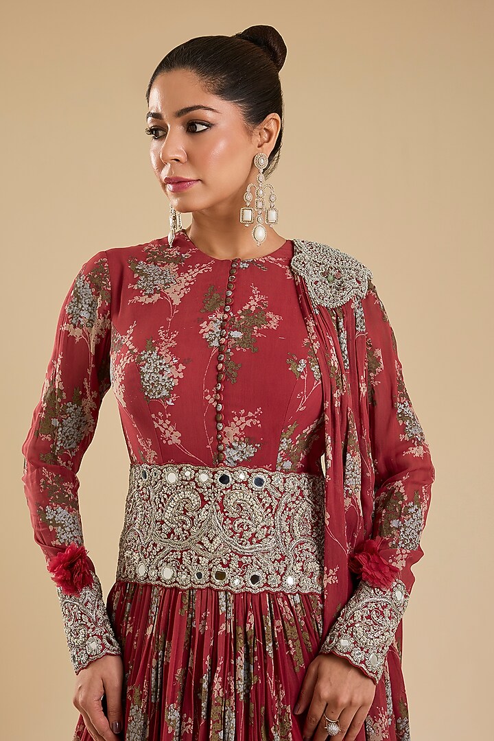 Fuchsia Georgette Printed Bridal Anarkali With Belt by Bhumika Sharma at Pernia's Pop Up Shop