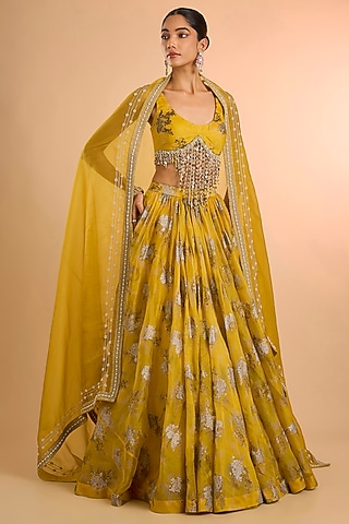 Mustard Organza Printed Lehenga Set by Bhumika Sharma
