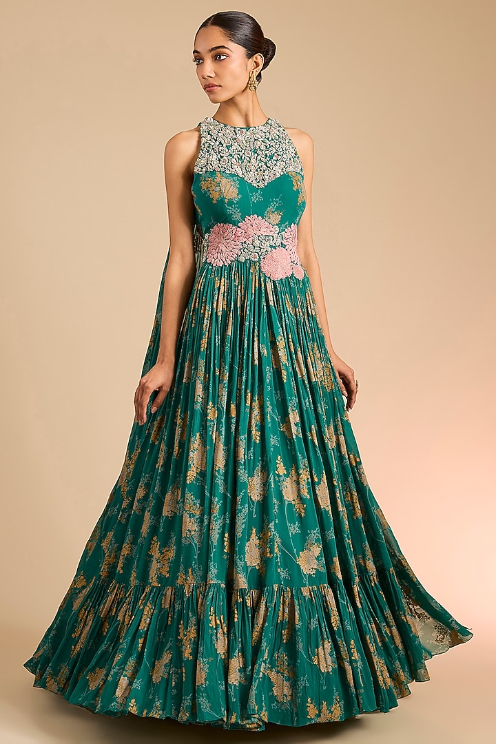 Teal Georgette Printed Bridal Anarkali by Bhumika Sharma at Pernia's Pop Up Shop