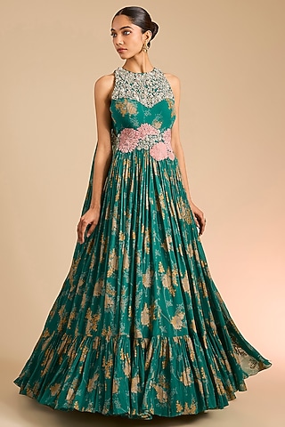 green emerald velvet dress Buy Bottle Green Anarkali Suit With Balloon Sleeves And Hand Embroidered  Buttis Using Multi Colored Sequins And Beads Online main image 0