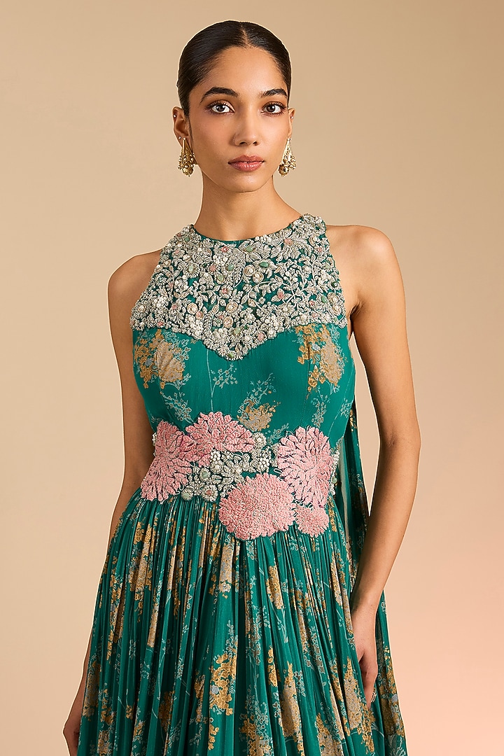 Teal Georgette Printed Bridal Anarkali by Bhumika Sharma at Pernia's Pop Up Shop