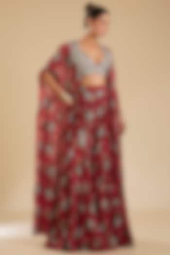 Fuchsia Georgette & Net Printed Cape Set by Bhumika Sharma at Pernia's Pop Up Shop