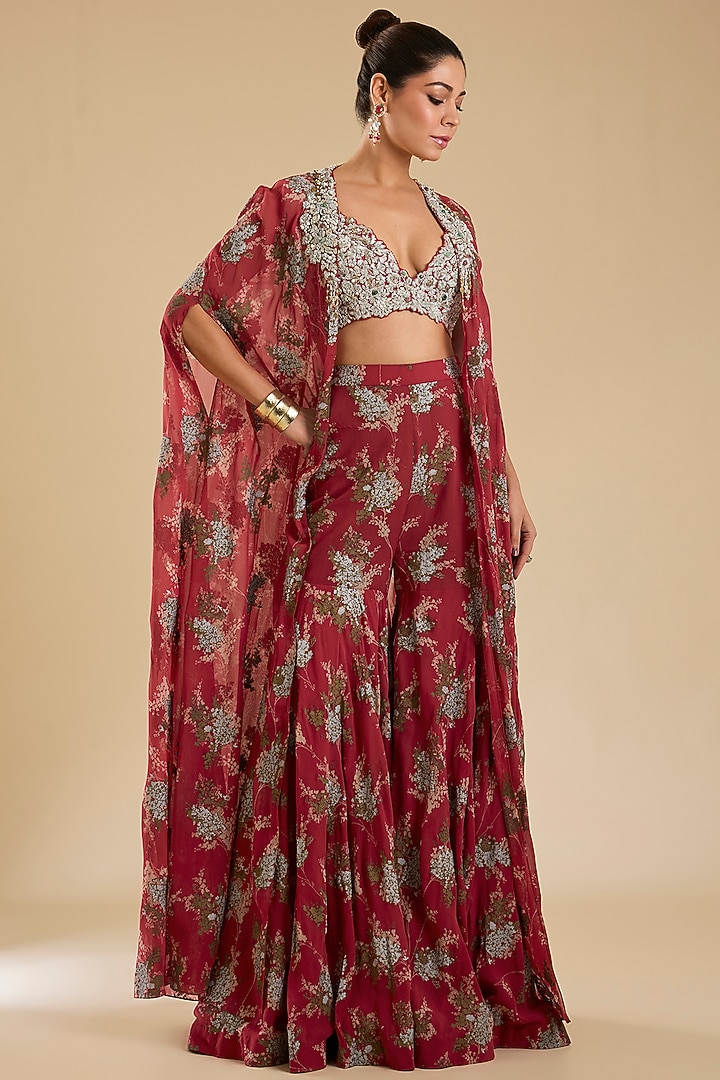 Fuchsia Georgette & Net Printed Cape Set by Bhumika Sharma at Pernia's Pop Up Shop