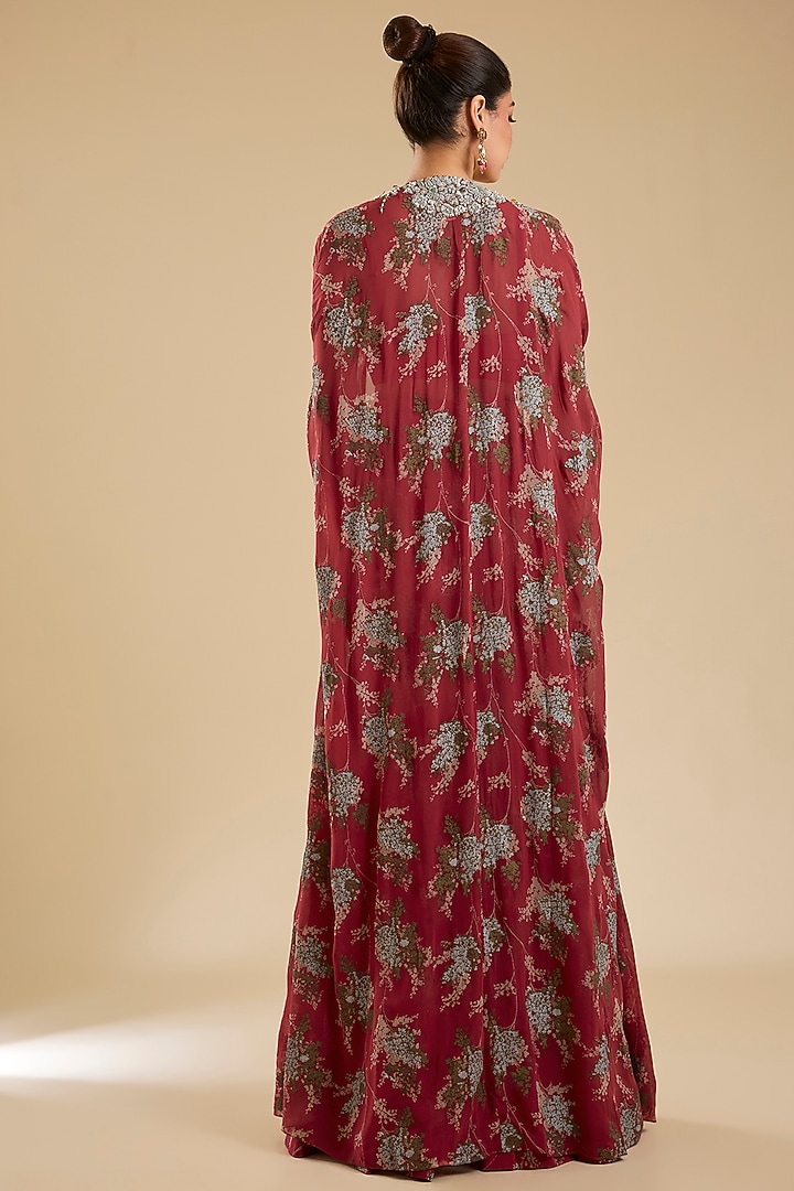 Fuchsia Georgette & Net Printed Cape Set by Bhumika Sharma at Pernia's Pop Up Shop