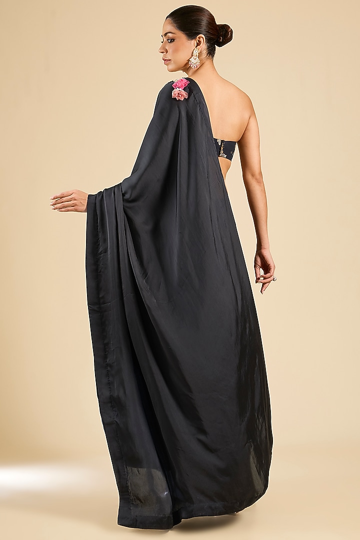Black Satin Wedding Saree Set by Bhumika Sharma at Pernia's Pop Up Shop