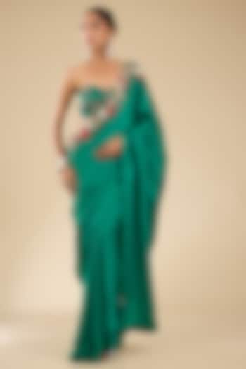 Teal Satin Embroidered Wedding Saree Set by Bhumika Sharma at Pernia's Pop Up Shop