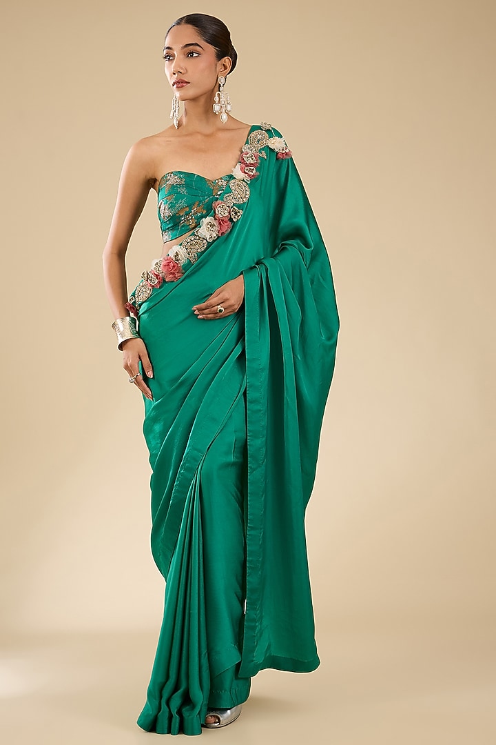 Teal Satin Embroidered Wedding Saree Set by Bhumika Sharma at Pernia's Pop Up Shop