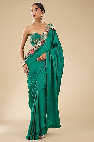 Teal Satin Embroidered Saree Set by Bhumika Sharma