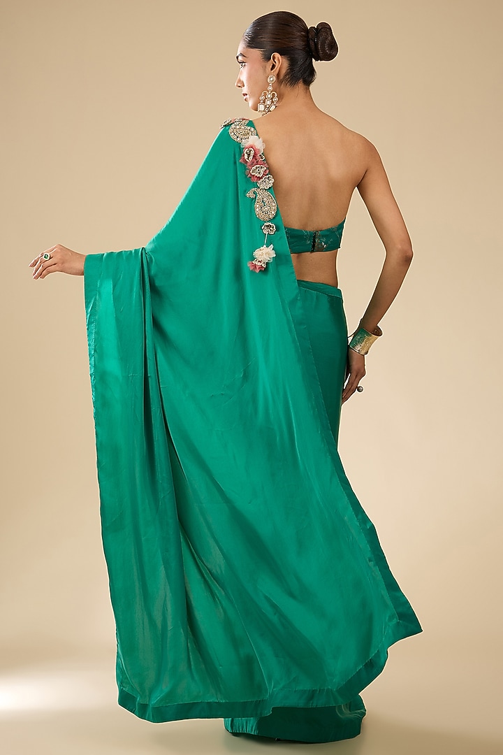 Teal Satin Embroidered Wedding Saree Set by Bhumika Sharma at Pernia's Pop Up Shop