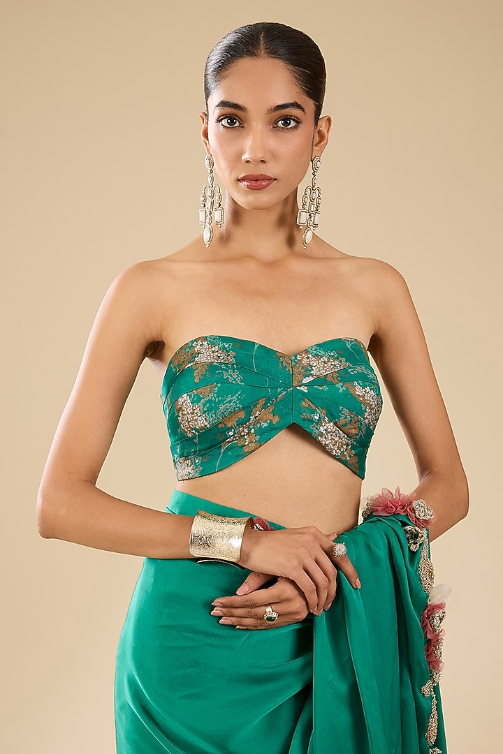 Teal Satin Embroidered Wedding Saree Set by Bhumika Sharma at Pernia's Pop Up Shop
