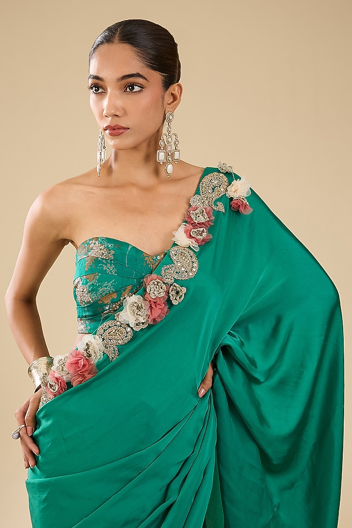 Teal Satin Embroidered Wedding Saree Set by Bhumika Sharma at Pernia's Pop Up Shop