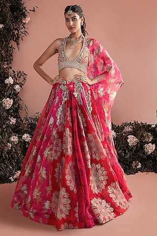Fuchsia Organza Tassels Embroidered Lehenga Set by Bhumika Sharma