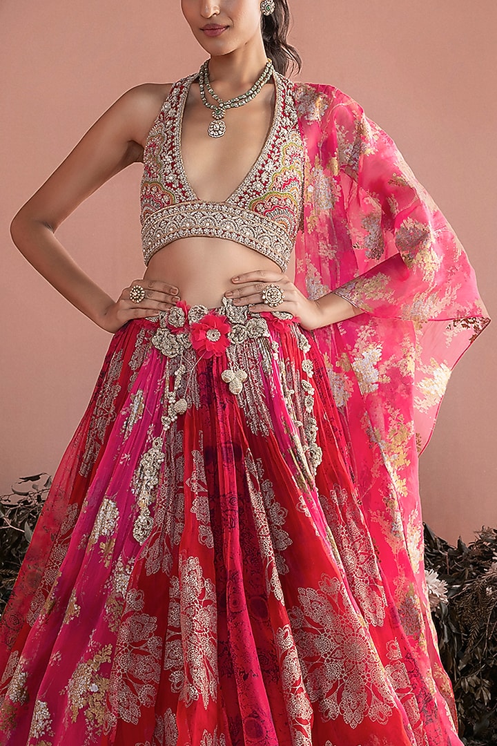 Fuchsia Organza Tassels Embroidered Wedding Lehenga Set by Bhumika Sharma at Pernia's Pop Up Shop