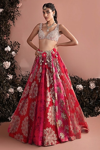 Red Organza Printed Lehenga Set by Bhumika Sharma