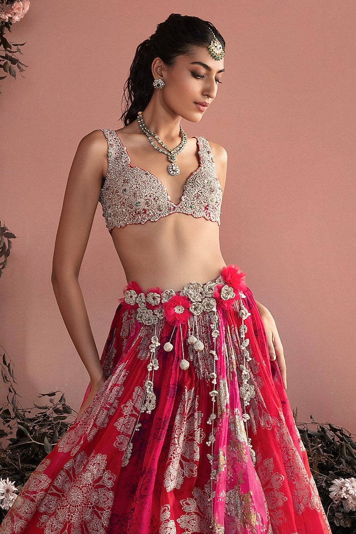 Red Organza Printed Wedding Lehenga Set by Bhumika Sharma at Pernia's Pop Up Shop
