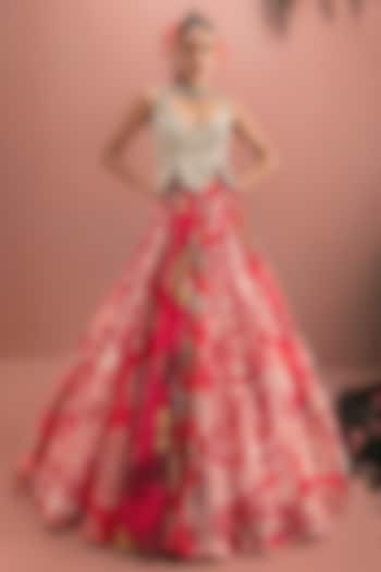 Red Organza Printed Wedding Lehenga Set by Bhumika Sharma at Pernia's Pop Up Shop