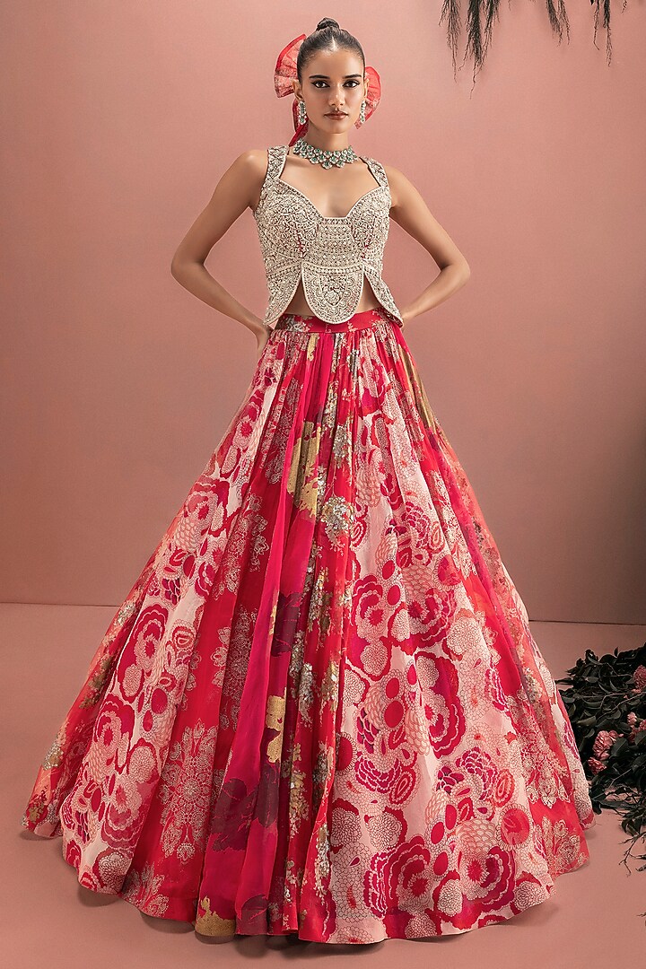 Red Organza Printed Wedding Lehenga Set by Bhumika Sharma at Pernia's Pop Up Shop