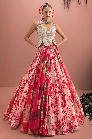 Red Organza Printed Lehenga Set by Bhumika Sharma