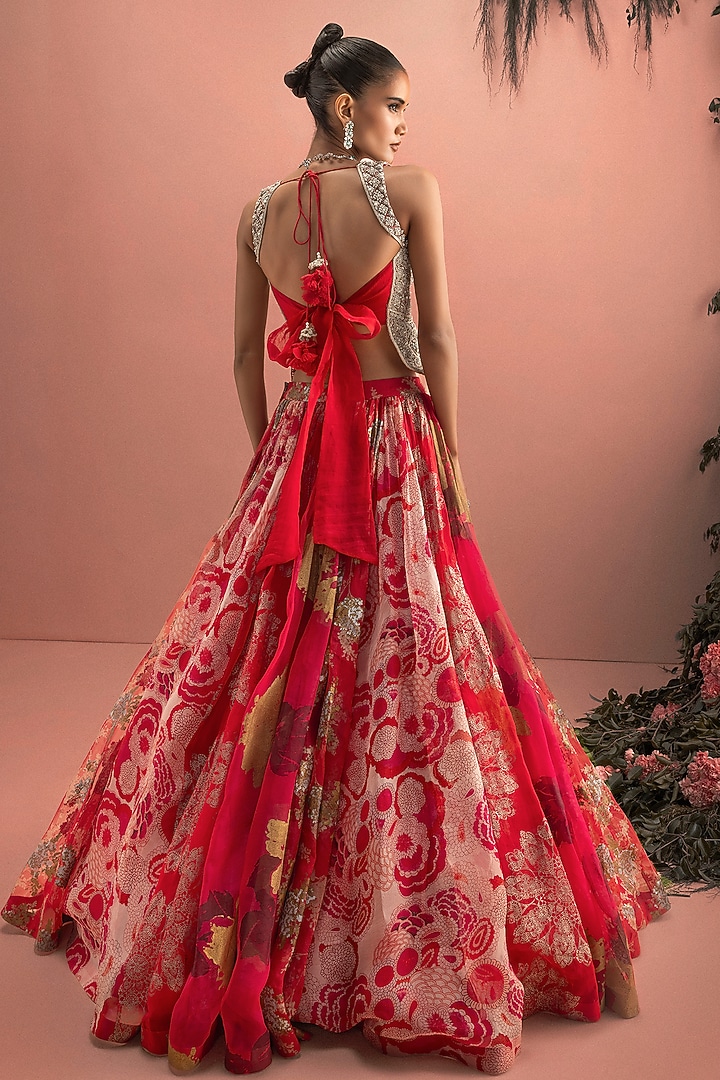 Red Organza Printed Wedding Lehenga Set by Bhumika Sharma at Pernia's Pop Up Shop