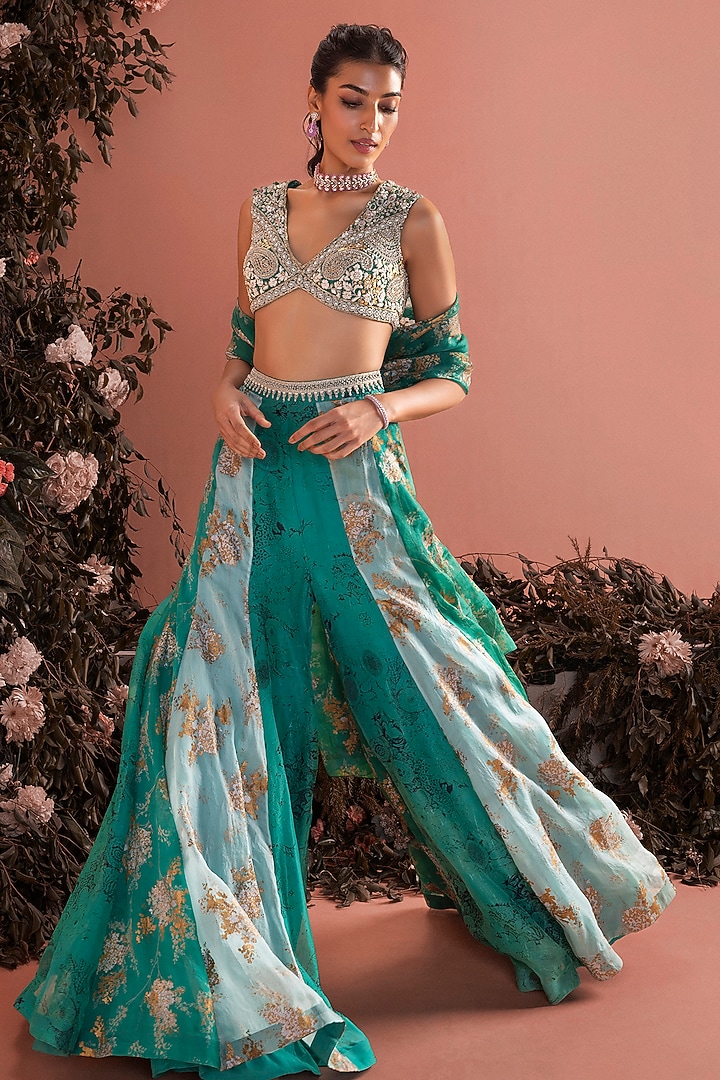 Teal Green Organza Printed Bridal Sharara Set by Bhumika Sharma at Pernia's Pop Up Shop