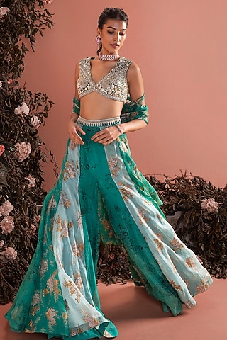 Teal Green Organza Printed Sharara Set by Bhumika Sharma