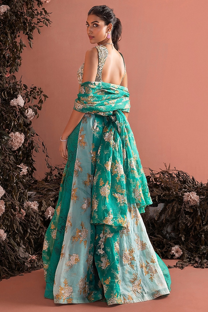 Teal Green Organza Printed Bridal Sharara Set by Bhumika Sharma at Pernia's Pop Up Shop