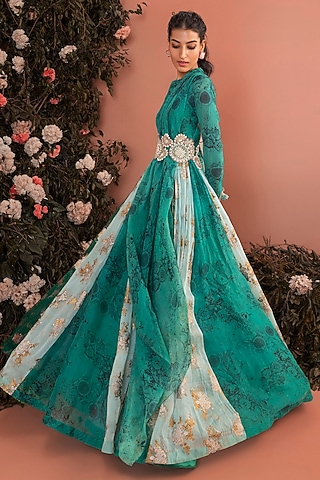 Teal Green Organza Embroidered Anarkali by Bhumika Sharma