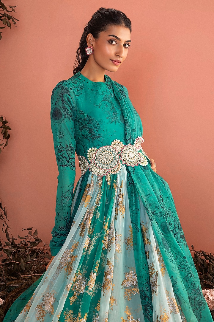 Teal Green Organza Embroidered Bridal Anarkali by Bhumika Sharma at Pernia's Pop Up Shop