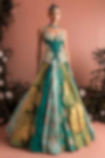 Teal Green Organza Printed Wedding Lehenga Set by Bhumika Sharma at Pernia's Pop Up Shop