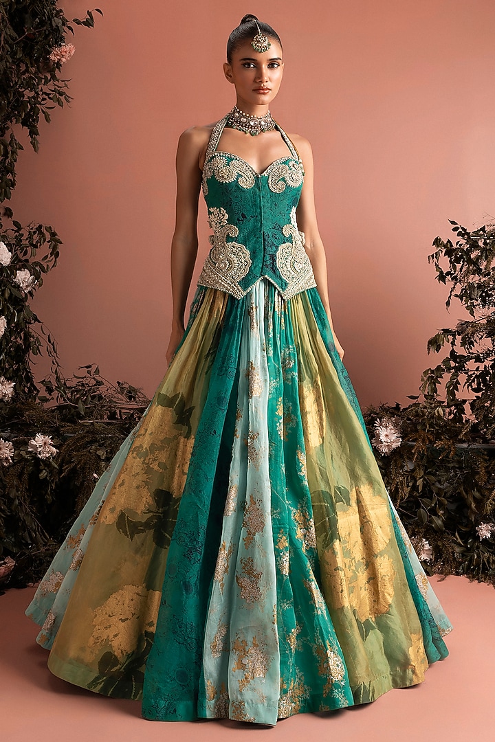Teal Green Organza Printed Wedding Lehenga Set by Bhumika Sharma at Pernia's Pop Up Shop