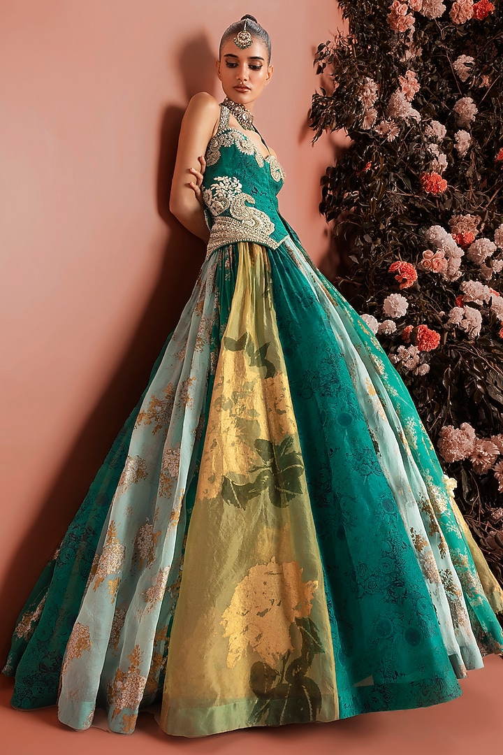 Teal Green Organza Printed Wedding Lehenga Set by Bhumika Sharma at Pernia's Pop Up Shop