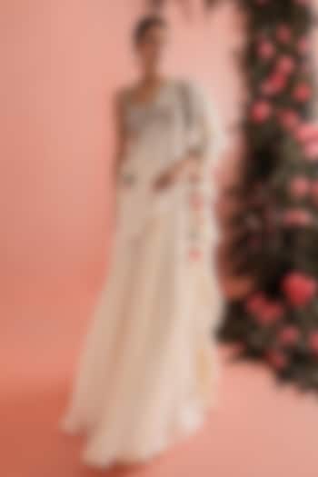 Ivory Georgette Pre-Draped Reception Saree Set by Bhumika Sharma at Pernia's Pop Up Shop