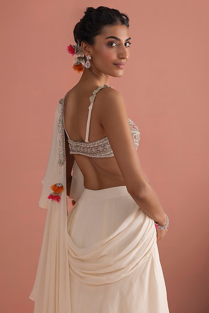 Ivory Georgette Pre-Draped Reception Saree Set by Bhumika Sharma at Pernia's Pop Up Shop