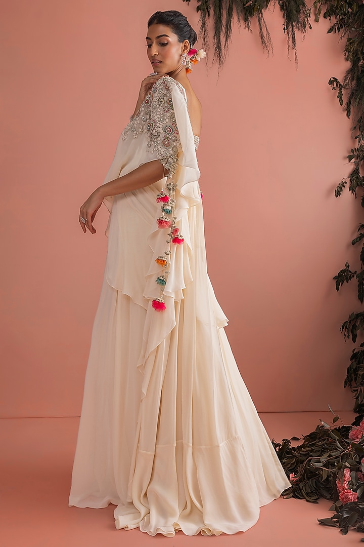 Ivory Georgette Pre-Draped Reception Saree Set by Bhumika Sharma at Pernia's Pop Up Shop