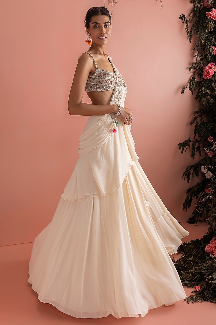 Ivory Georgette Pre-Draped Reception Saree Set by Bhumika Sharma at Pernia's Pop Up Shop
