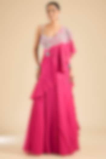 Fuchsia Georgette Draped Reception Saree Set by Bhumika Sharma at Pernia's Pop Up Shop