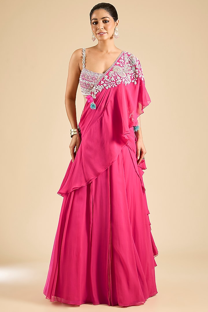 Fuchsia Georgette Draped Reception Saree Set by Bhumika Sharma at Pernia's Pop Up Shop