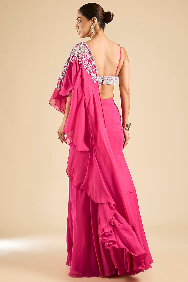 Fuchsia Georgette Draped Reception Saree Set by Bhumika Sharma at Pernia's Pop Up Shop