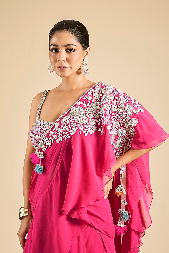 Fuchsia Georgette Draped Reception Saree Set by Bhumika Sharma at Pernia's Pop Up Shop
