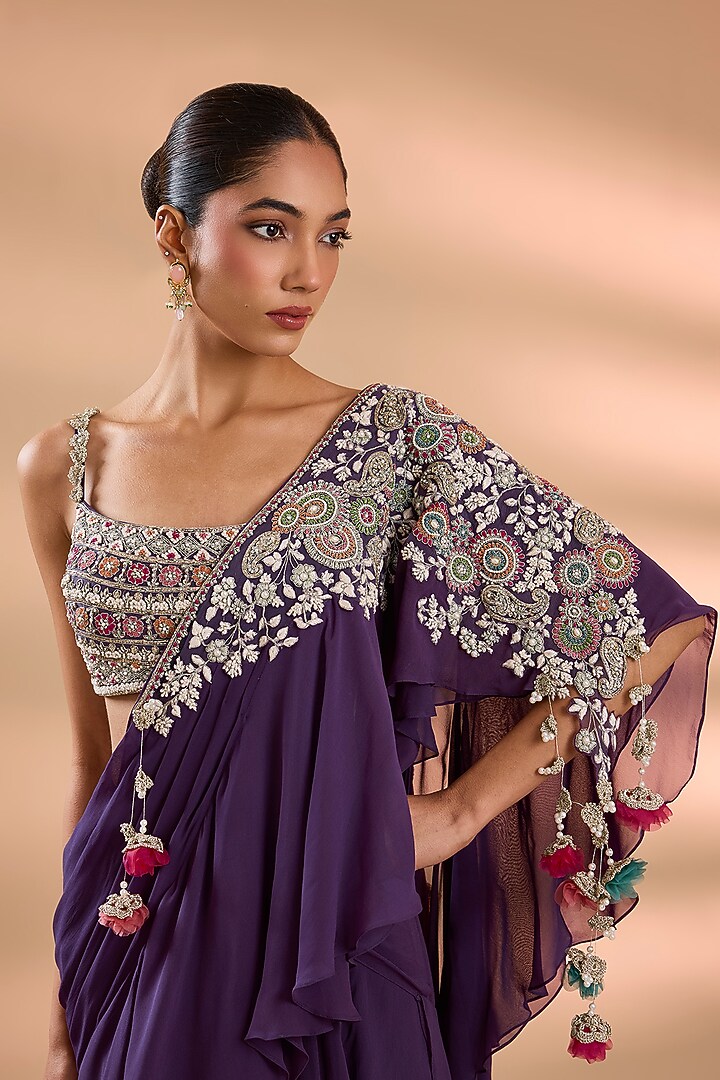 Purple Georgette Reception Saree Set by Bhumika Sharma at Pernia's Pop Up Shop