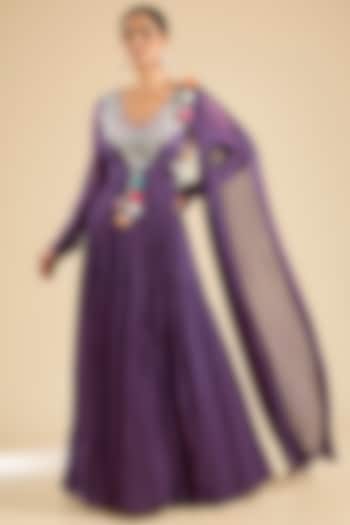 Plum Georgette Embroidered Wedding Anarkali by Bhumika Sharma at Pernia's Pop Up Shop