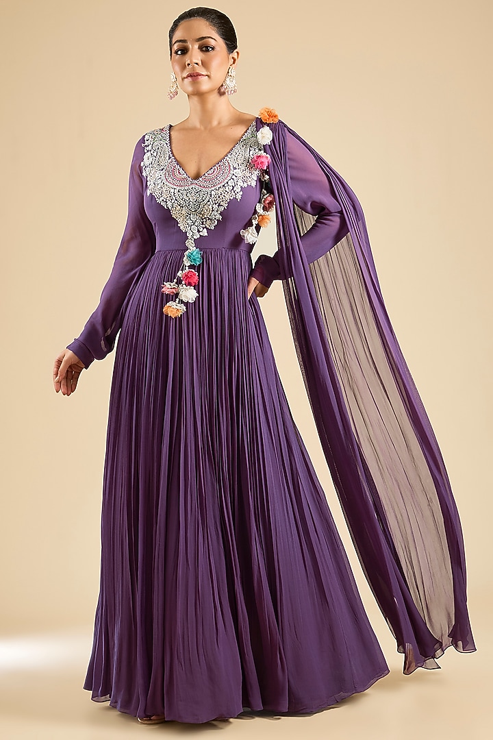 Plum Georgette Embroidered Wedding Anarkali by Bhumika Sharma at Pernia's Pop Up Shop