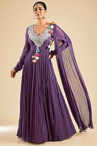 Plum Georgette Embroidered Anarkali by Bhumika Sharma