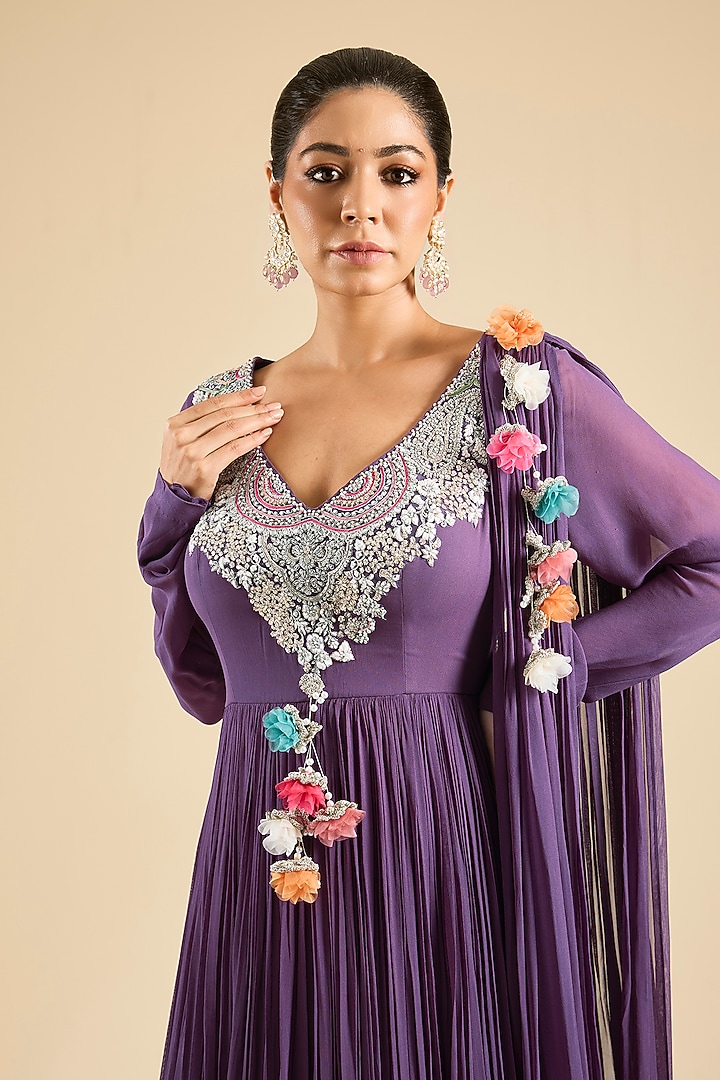 Plum Georgette Embroidered Wedding Anarkali by Bhumika Sharma at Pernia's Pop Up Shop