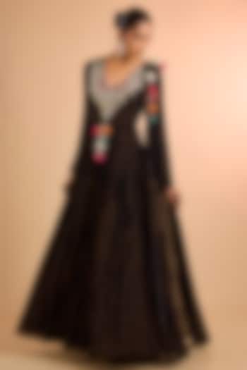 Black Georgette Floral Embroidered Wedding Anarkali by Bhumika Sharma at Pernia's Pop Up Shop