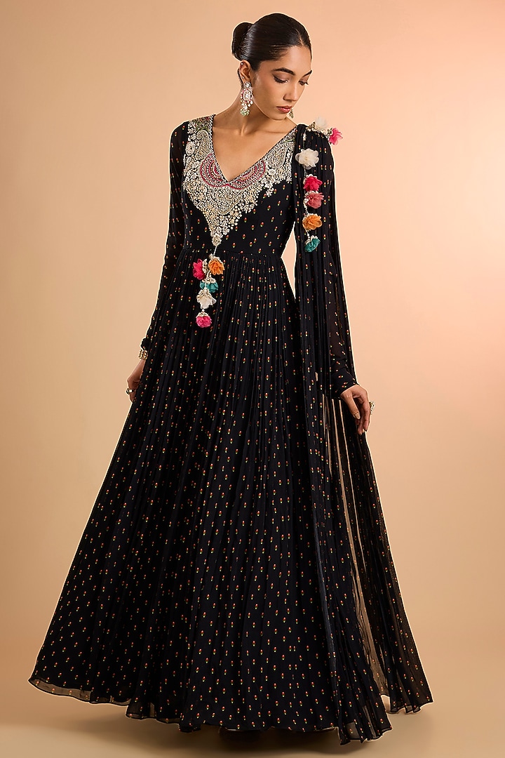 Black Georgette Floral Embroidered Wedding Anarkali by Bhumika Sharma at Pernia's Pop Up Shop