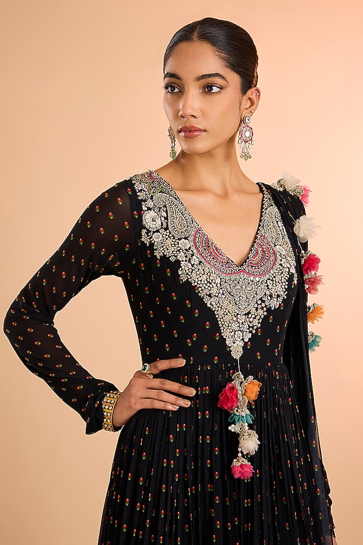 Black Georgette Floral Embroidered Wedding Anarkali by Bhumika Sharma at Pernia's Pop Up Shop