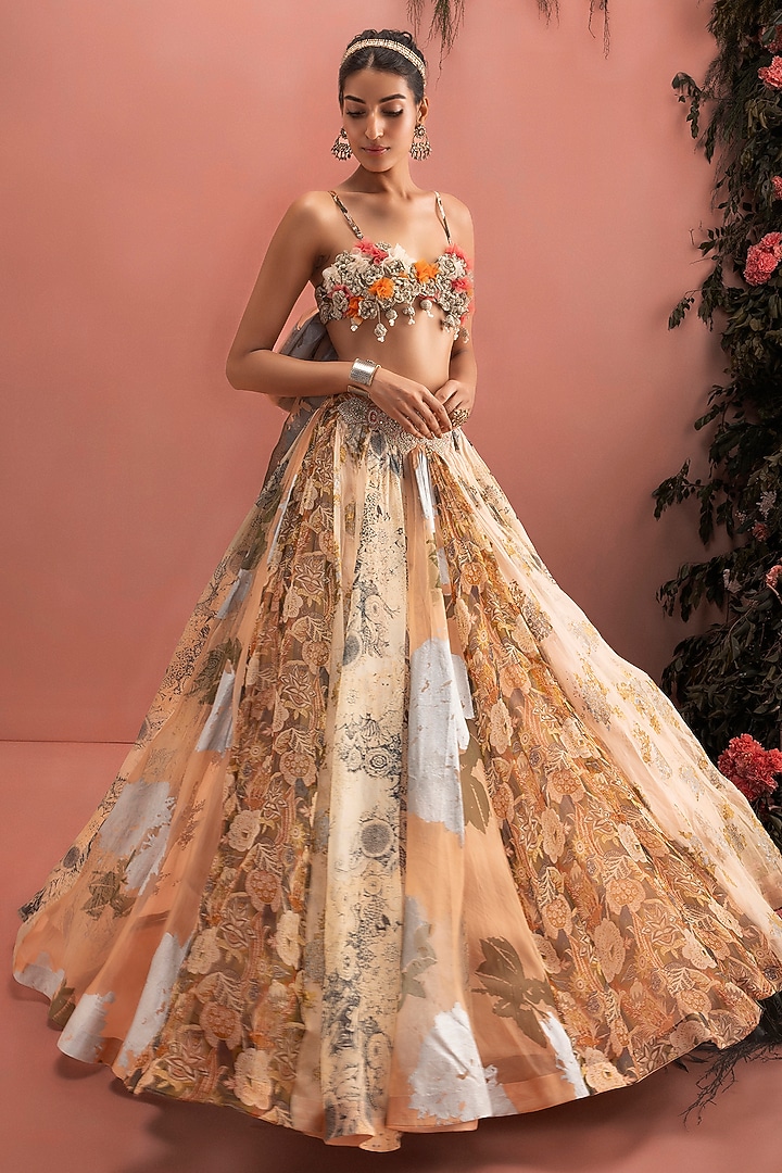 Nude Organza Abstract Printed Skirt Set by Bhumika Sharma at Pernia's Pop Up Shop